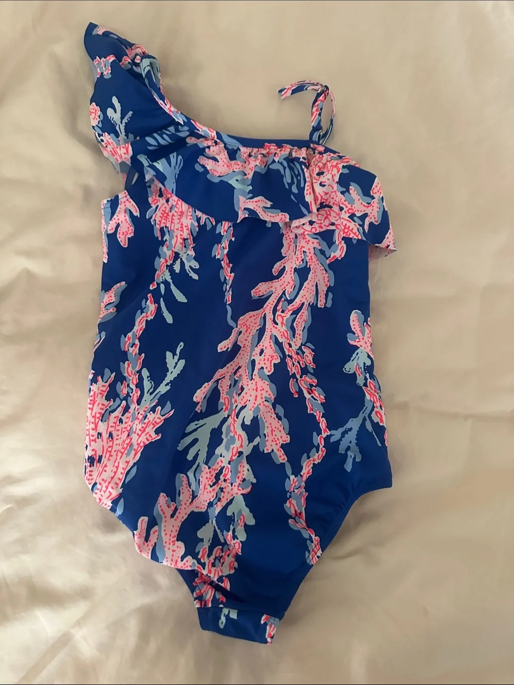 Lilly Pulitzer Girls One-Shoulder Royal Blue with Pink Coral Print Swimsuit
